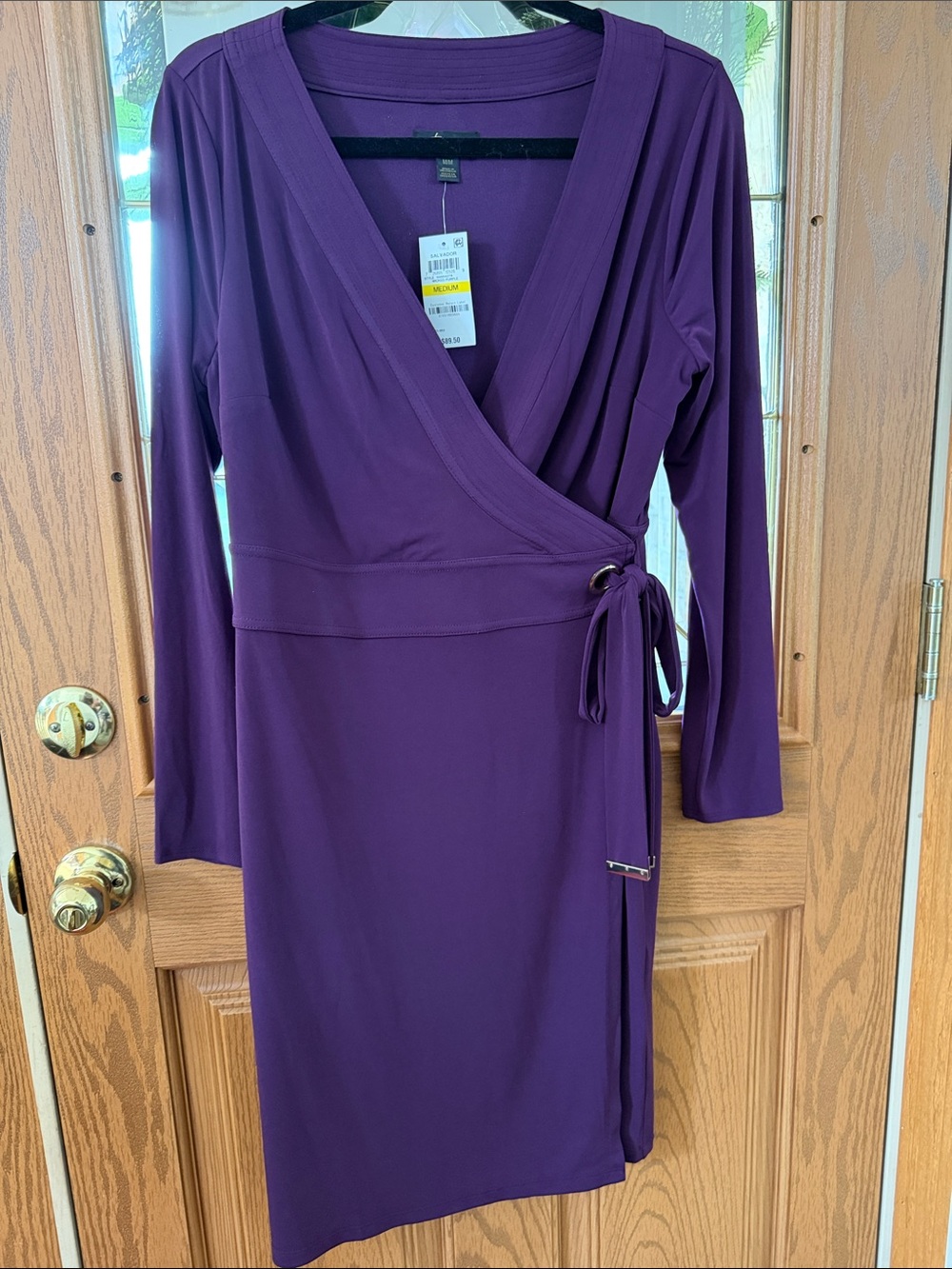 Thalia Sodi Deep Purple Long Sleeve Wrap Dress with Side Tie
